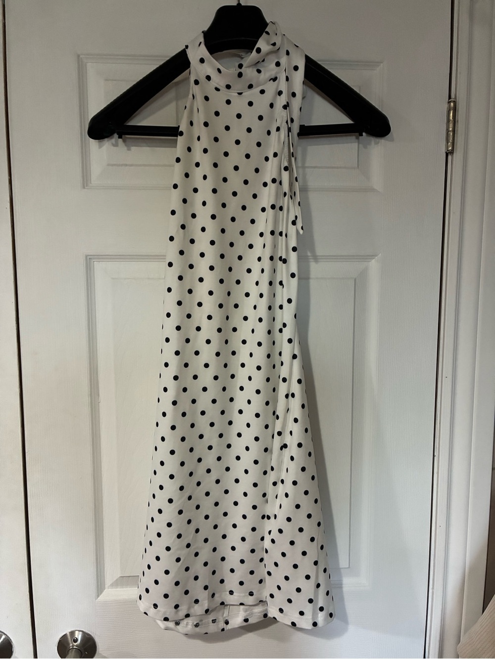 Halter Polka Dot A-Line Dress in White with Black Dots
